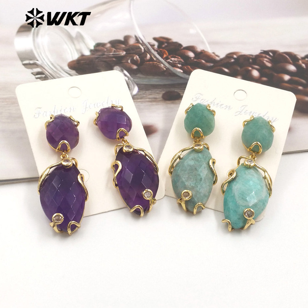 WT-E751 Wholesale New Gorgeous Precious Natural Gemstone Made With Claw Setting Amazonite Rose Quartz Dangle Stone Earrings
