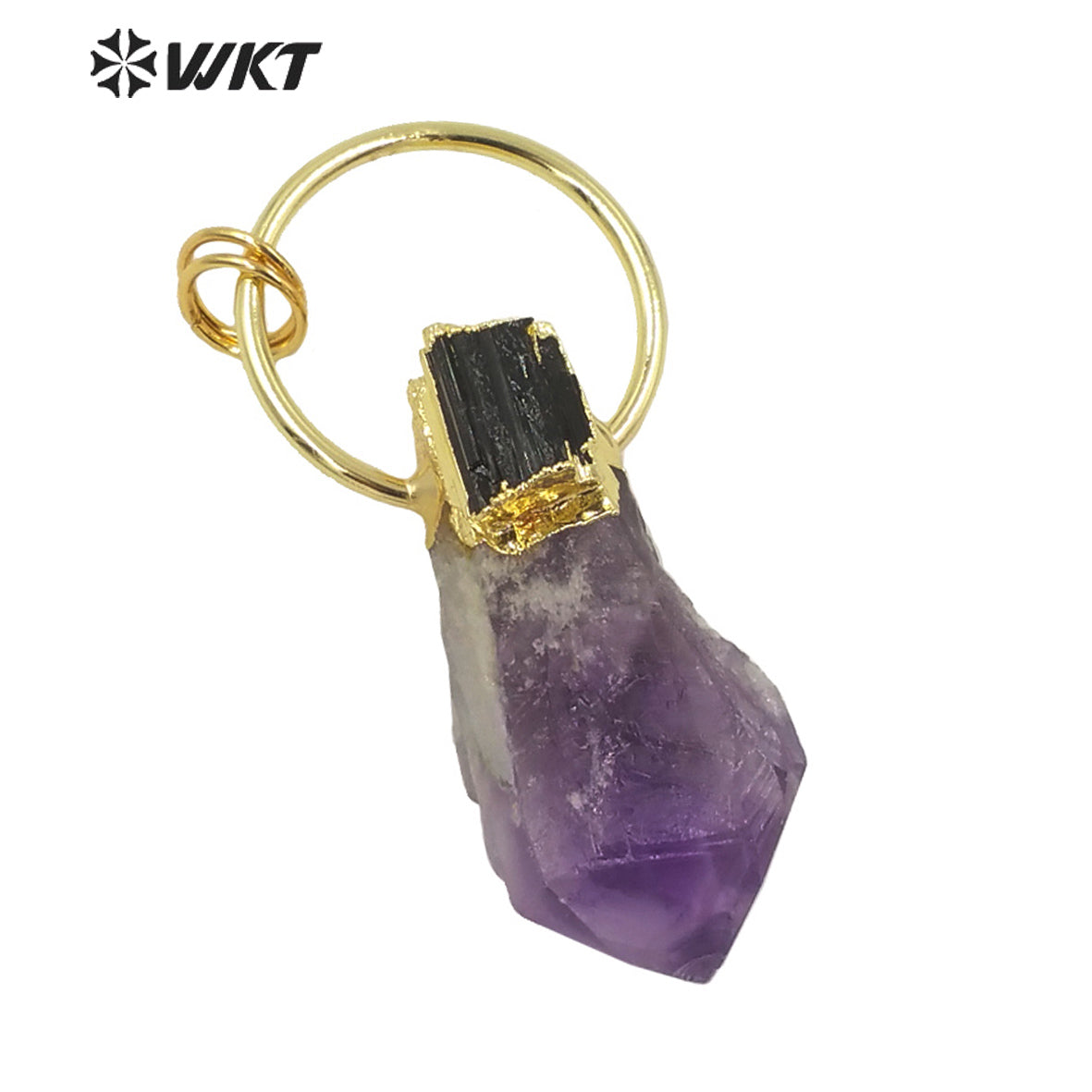 WT-P1624 Amazing Big Ring Decorated Natural Stone Amethyst Point Pendant With Black Tourmaline Women Fashion Gold Stone Pendant