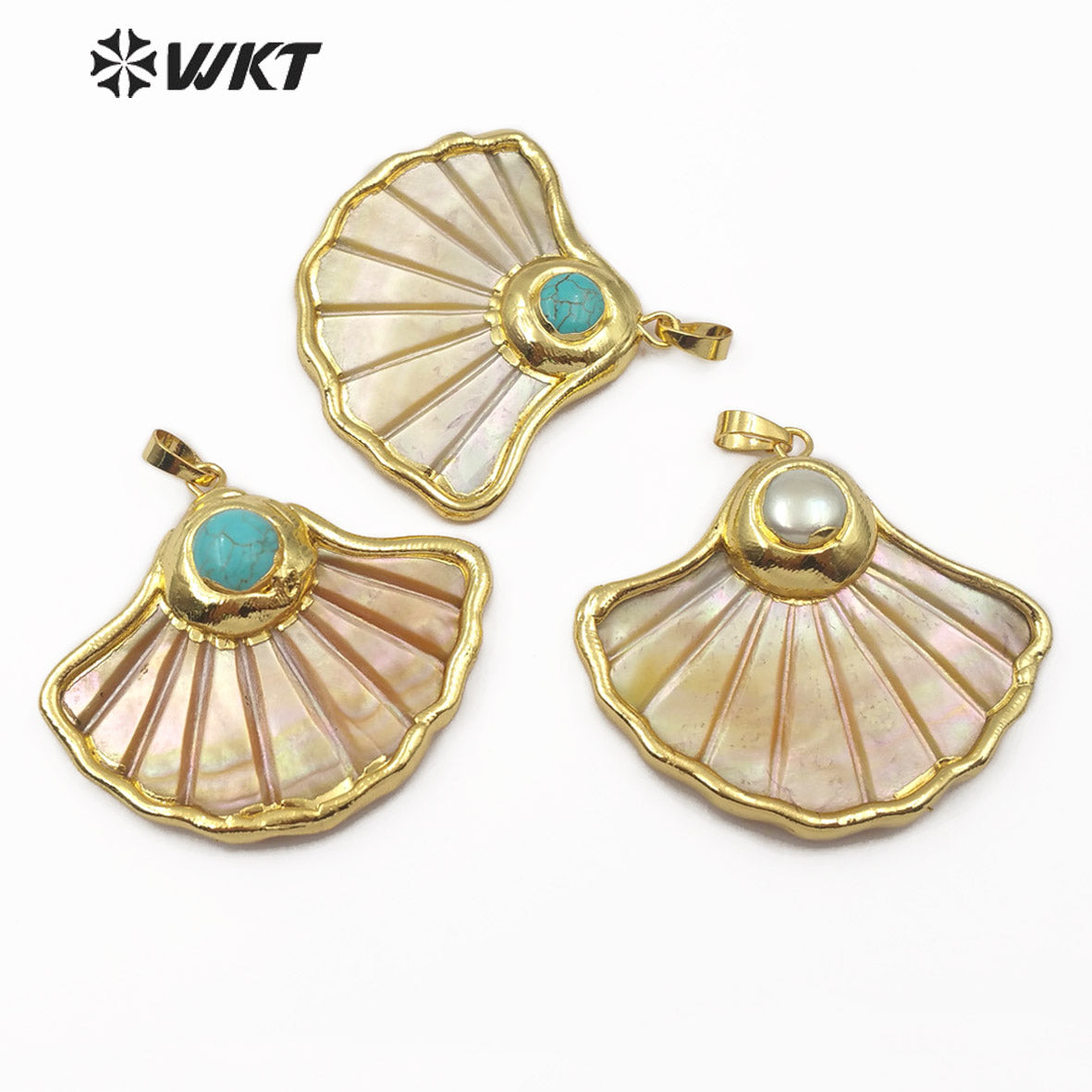 WT-JP101 Gold Scallop Shell Fan-shaped Top with Pearl or Turquoise Embellishment with Two Choices of Gold Plated Shell Pendants