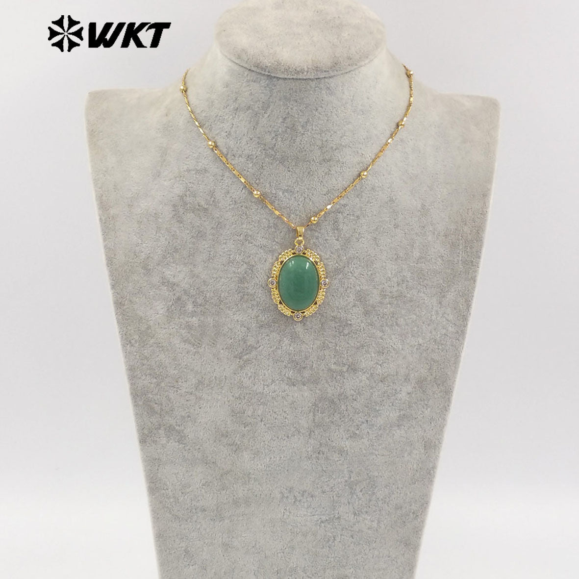 WT-N1474 Amazing 18K Real Gold Plated Resist Tarnishable Natural Gemstone Bezel Setting Oval Shape With Zircon Stone Necklace