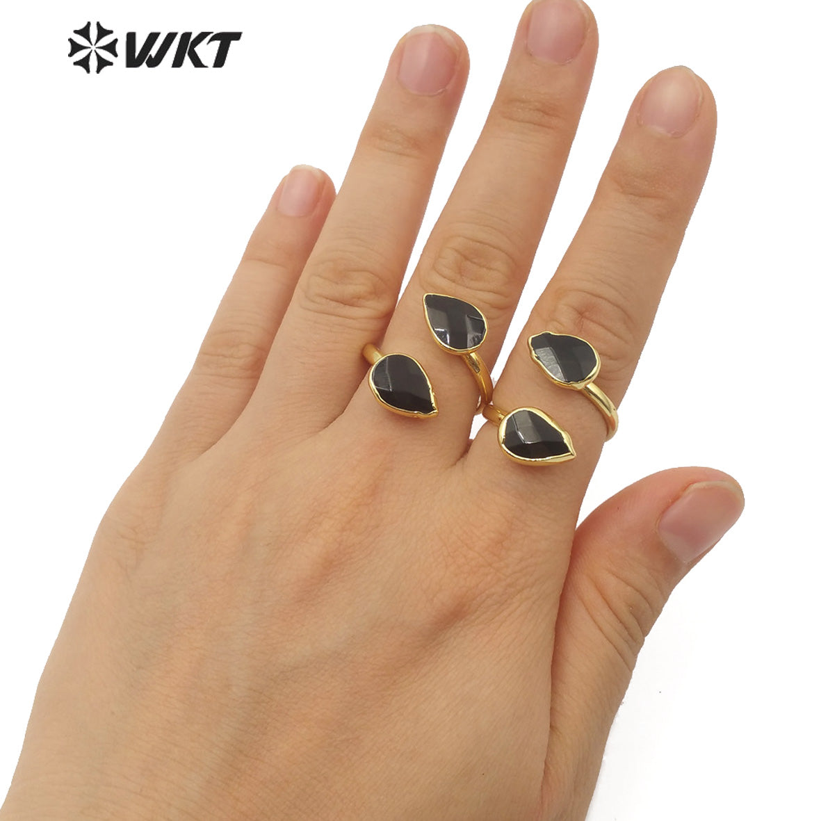 WT-R348 Wholesale Double Teardrop Natural Black Agate Ring Fashion Gold Plated Women Charm Jewelry Natural Stone Ring