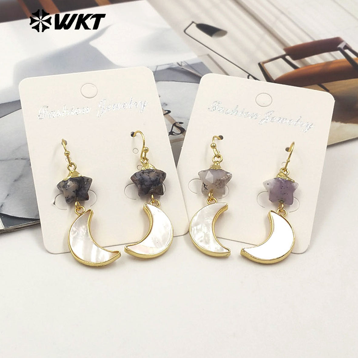 WT-MPE152 Lovely Design Natural Stone and Shell Star Earrings with Moon Shape Charms Gold Electroplated for Ladies Jewelry Gift