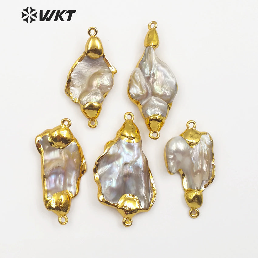 WT-JP079 Irregular Shape in Double Hoops Gold Capped Pendant Natural Wild Coast Jewelry for Woman Freshwater Pearl Pendant