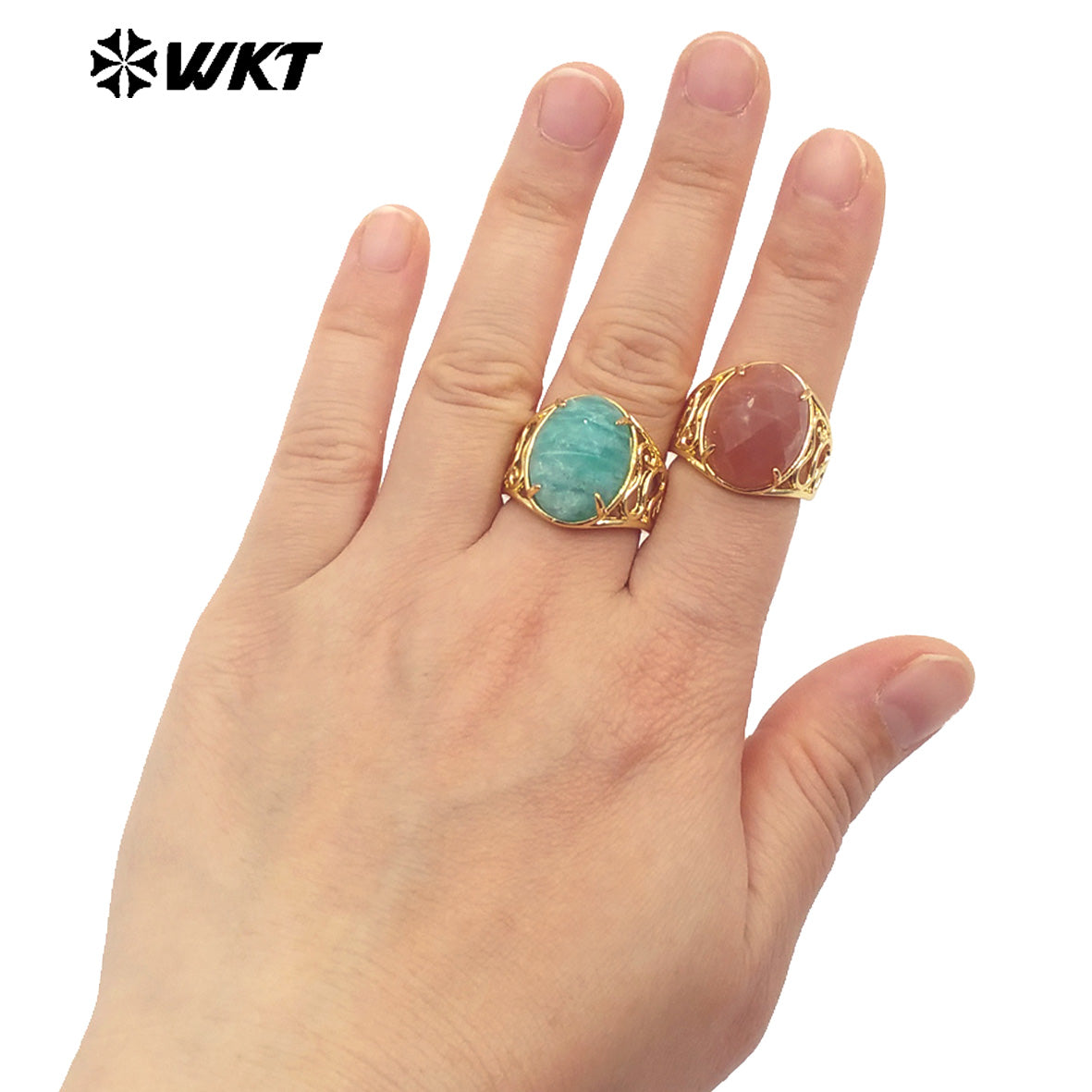 WT-R527 WKT New Design Natural Oval Faceted Gemstone With Clawing Setting Sun Stone Women Cocktail Ring