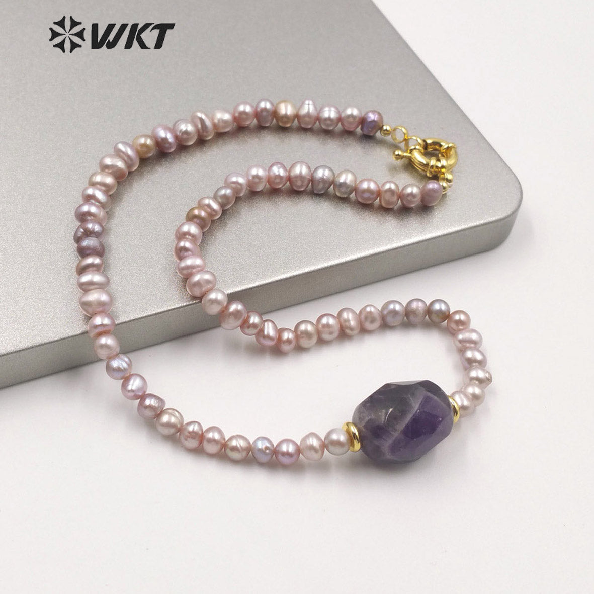 WT-JN120 WKT Gorgeous Women Natural Freshwater Pearl Choker Necklace 6mm Irregular Pearl Beads Choker Necklace With Theme Stone