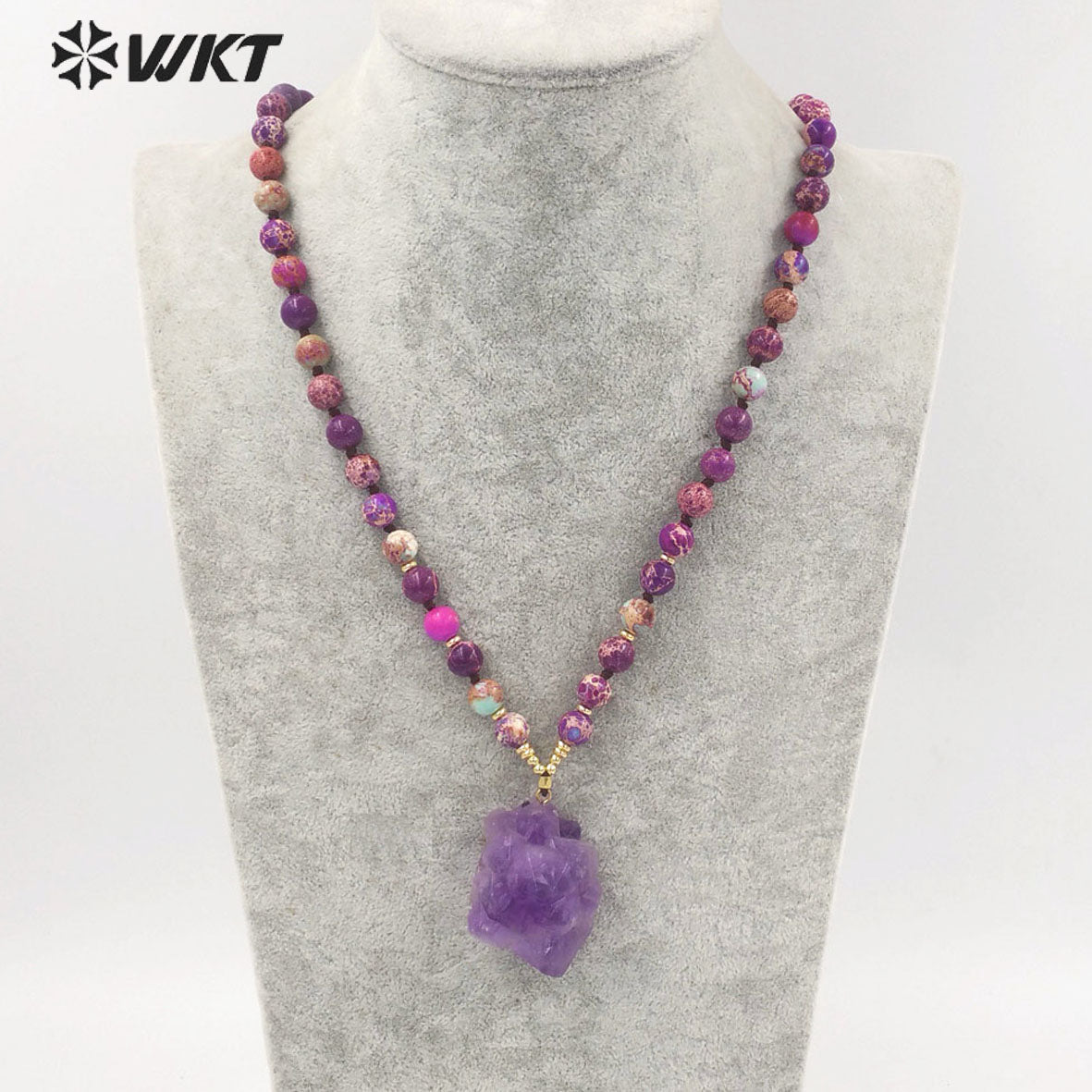 WT-N1376 Graceful Natural Irregular Pretty Amethyst Pendant Necklace Purple Bohemia Jasper Bead Chain Natural Crystal Necklace
