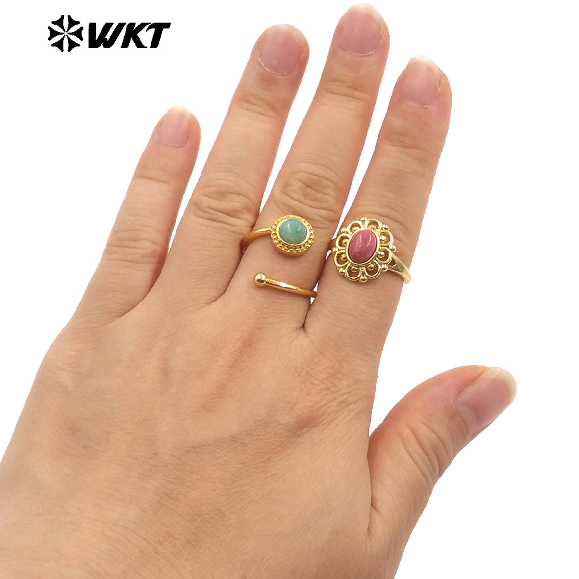 WT-R537 Wholesale Fashion 18K Real Gold Plated Round Hollow Flower Shape Design Natural Stone Ring for Women