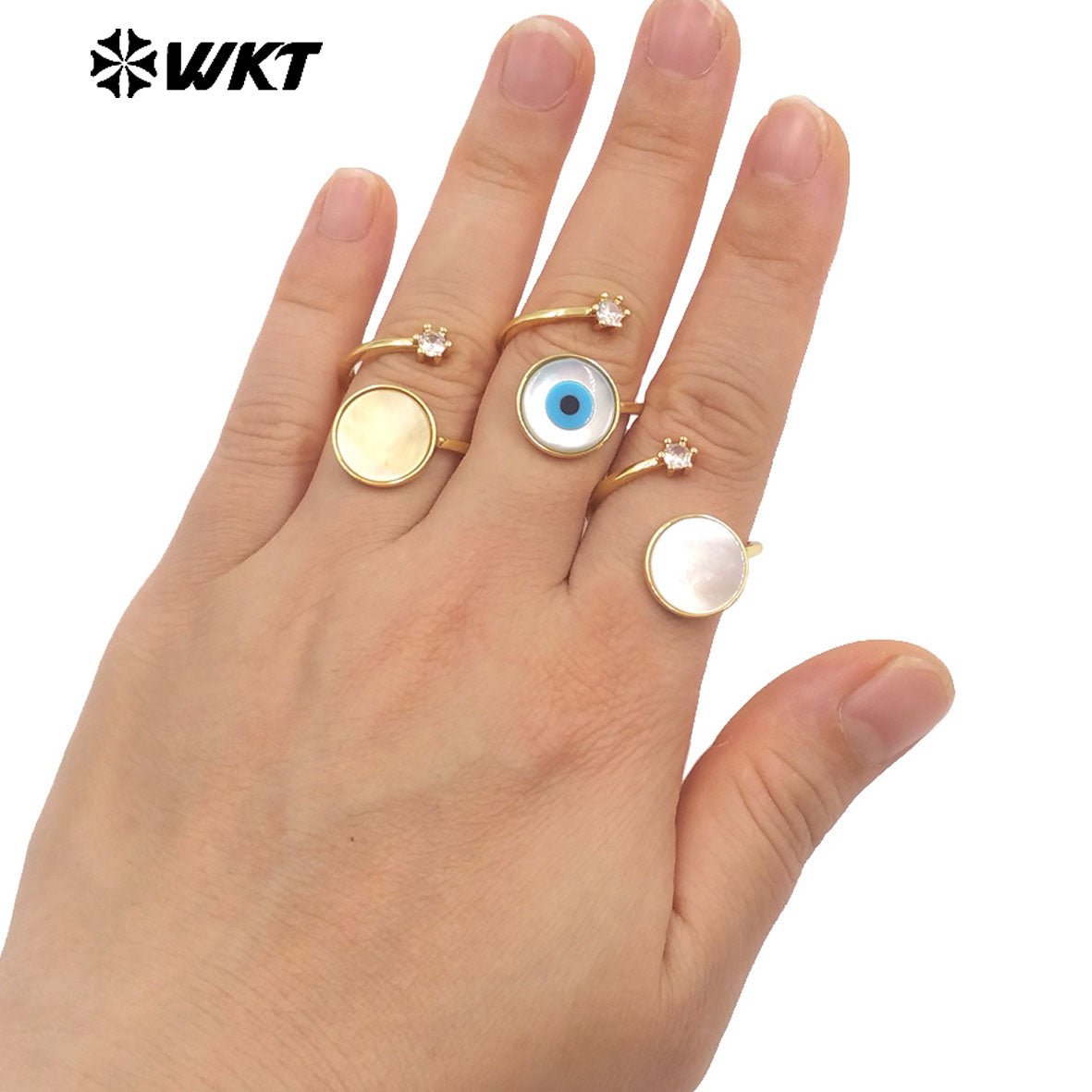 WT-MPR097 Wholesale Fashion Gold Plated Round Natural Shell Double Stone Jewelry Ring in 18K Brass Resist Tarnishable