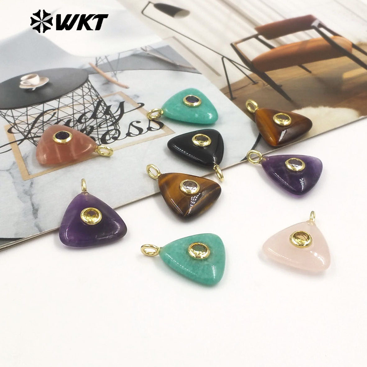 WT-P2021 High Quality Lovely Triangle Rose Quartz Natural Gemstones And Zircon Pendants For Necklace Decoration Charms