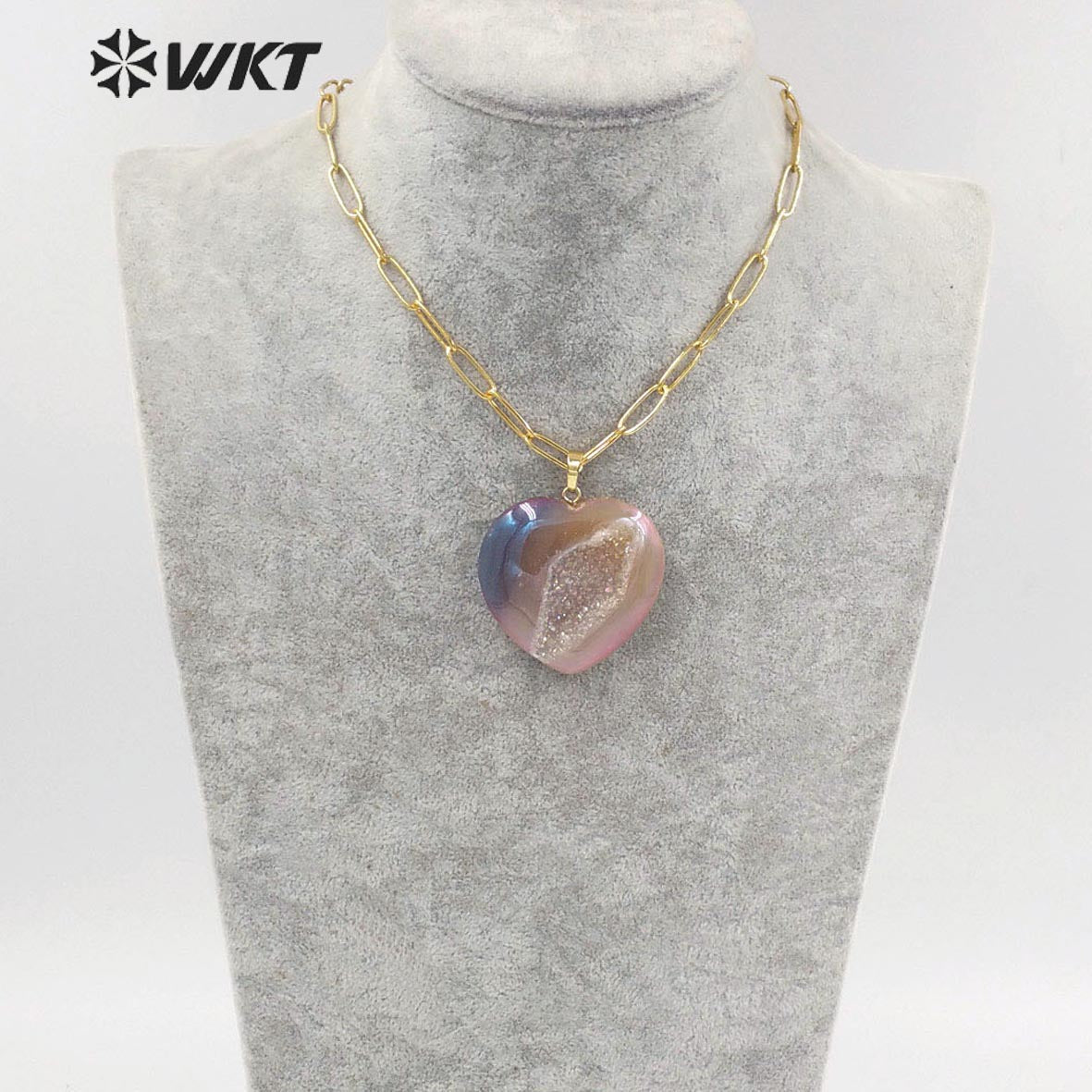 WT-N1394 Wholesale Fashion Gold Simple Grey Geode Agate Heart Stone Necklace Women Long Link Chain with Druzy Stone for Lover