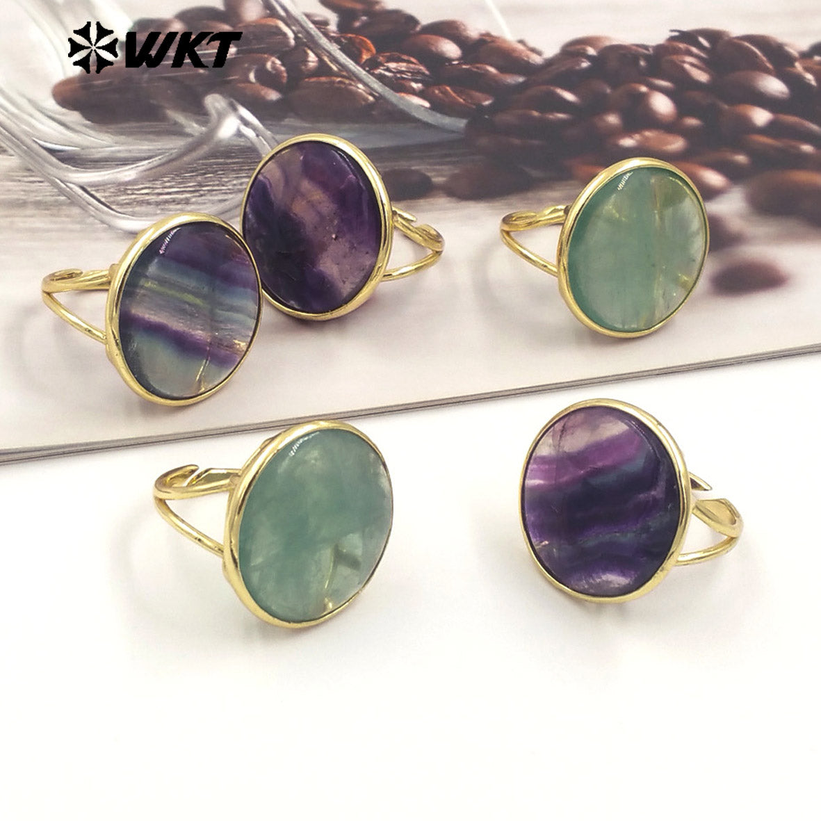 WT-R511 Newest Rainbow Fashion Gold Plated Big Round Fluorite Stone Annevisary Ring for Women