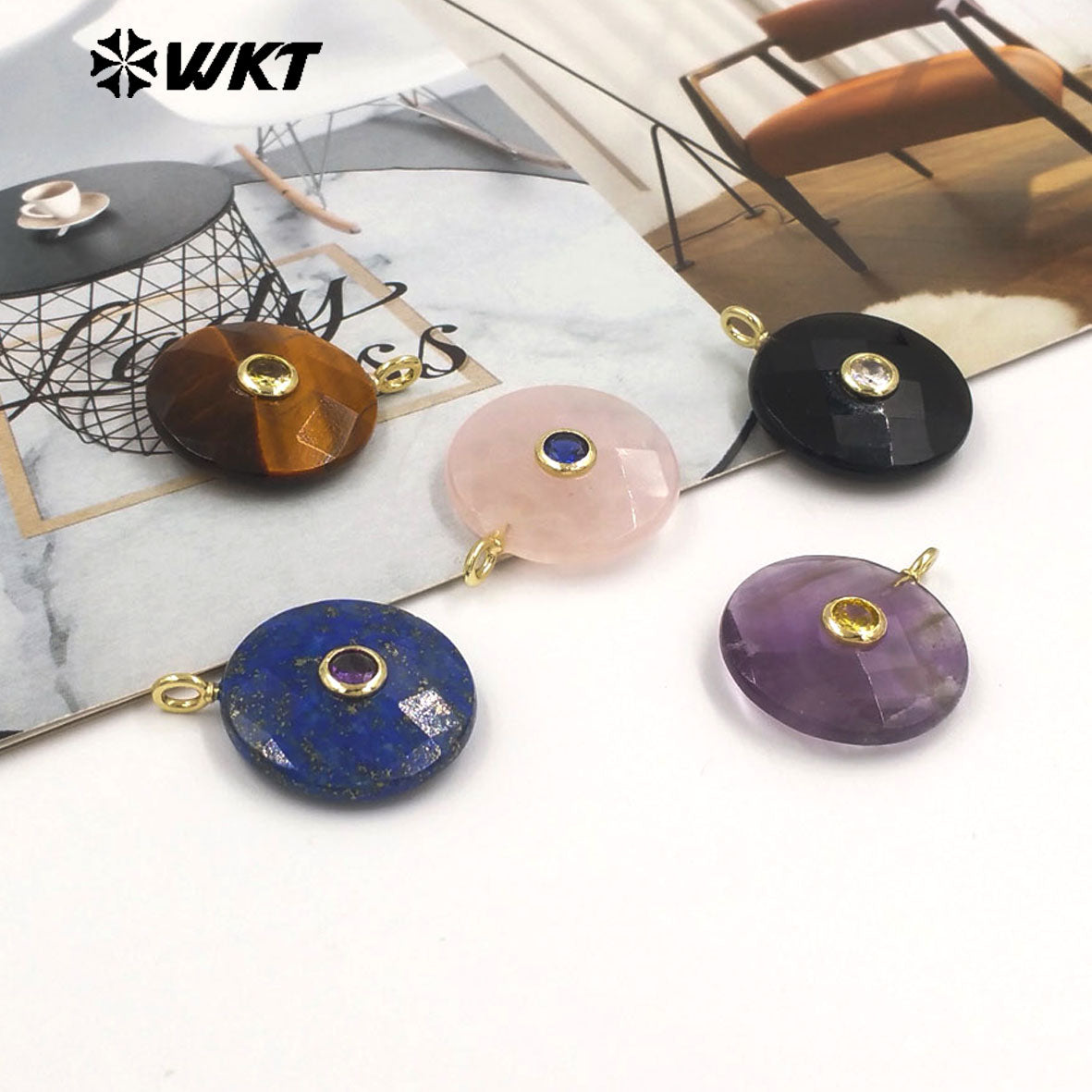 WT-P2018 Boutique Handmade Charms Faceted Cabchon Natural Gemstones Set In Zircon Pendants For Beautiful Earrings Design