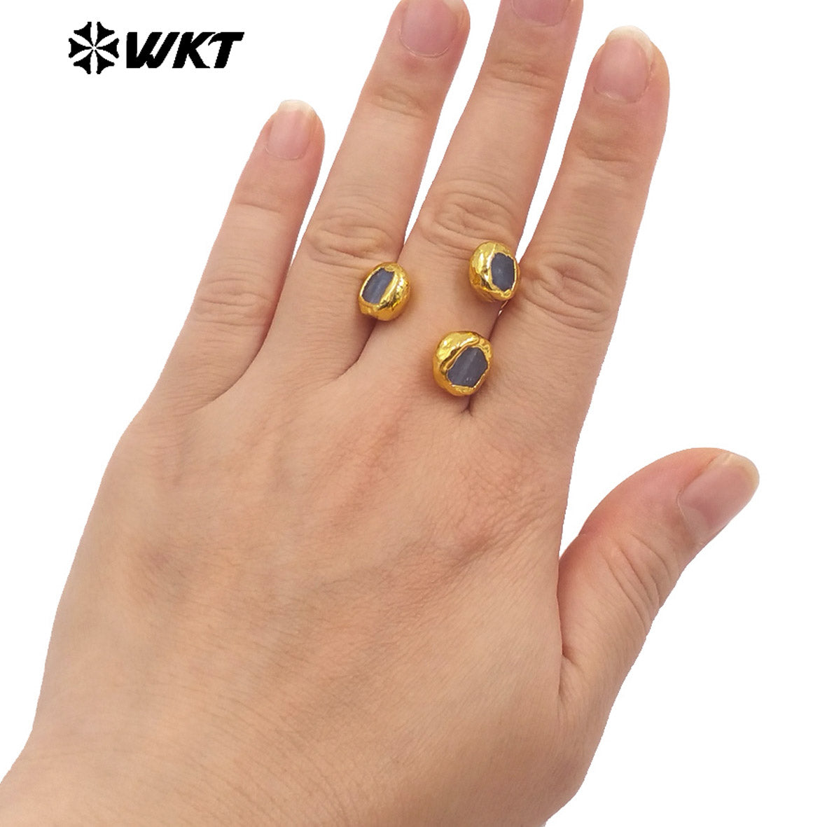 WT-R531 Wholesale Fashion 18K Gold Plated Resist Tarnishable Triple Blue Kyanite Stone Ring for Women Precious Energy Gift