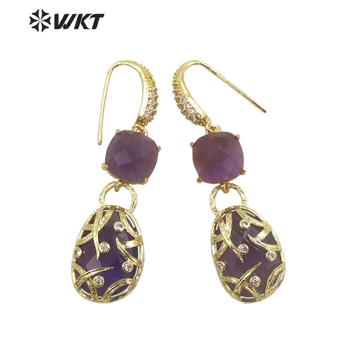 WT-E691 Fashion Double Stone Handmade Claw Setting Bezel Earrings Women Delicate Long Hoop Amethyst Stone Earrings