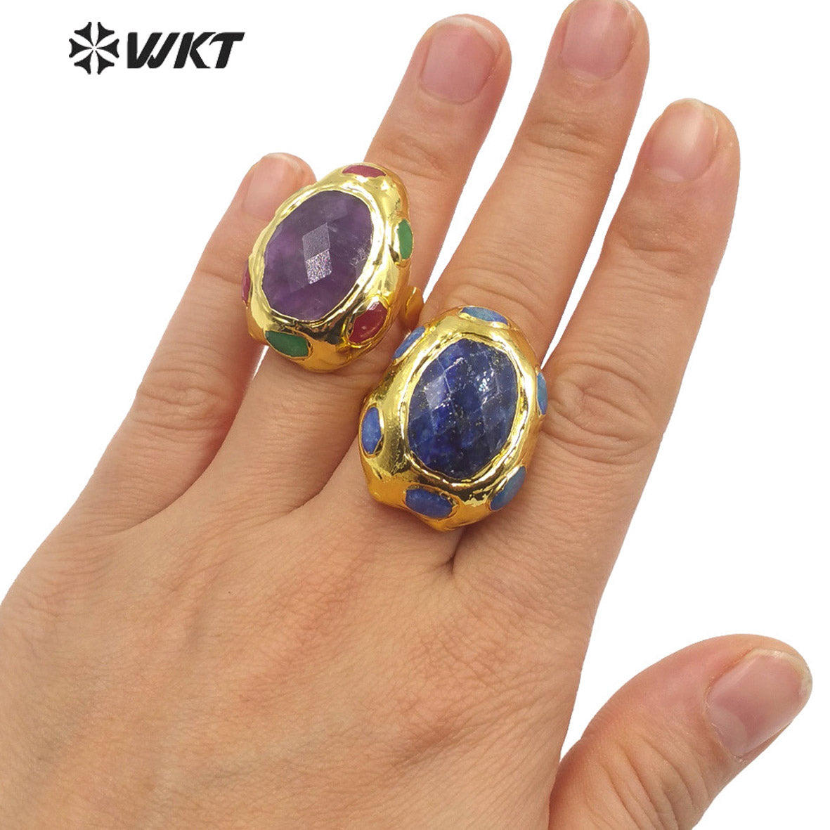 WT-R405 Natural Gemstone Sodalite Amethyst Ring 18k Gold Plated Ball Ring Noble Gas Art Fashion Women Gemstone Ring