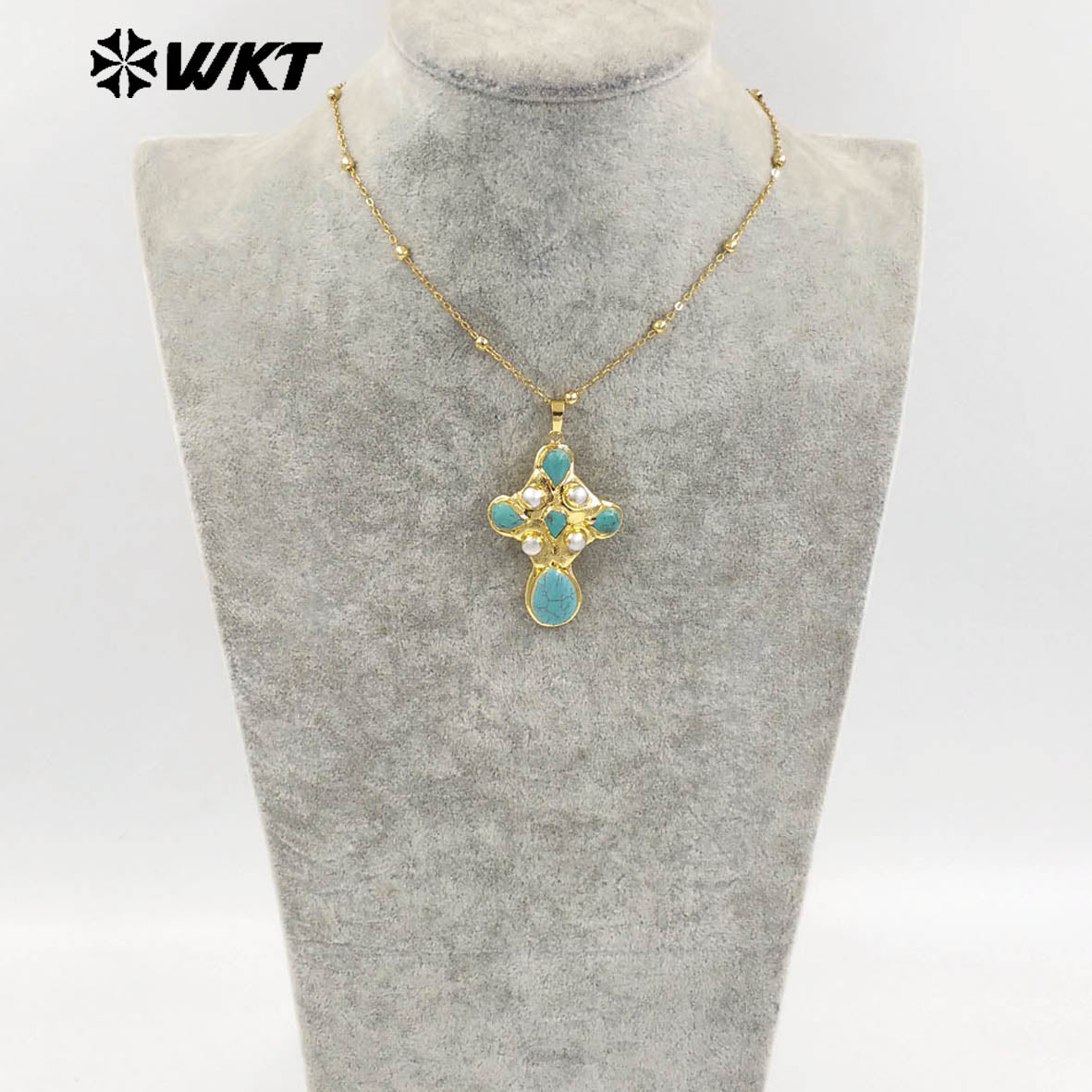 WT-JN297 Brand New Product Elegant 18K Gold Plated Pearl Turquoise Cross Unisex Pendant Necklace Fashion Jewelry Accessories