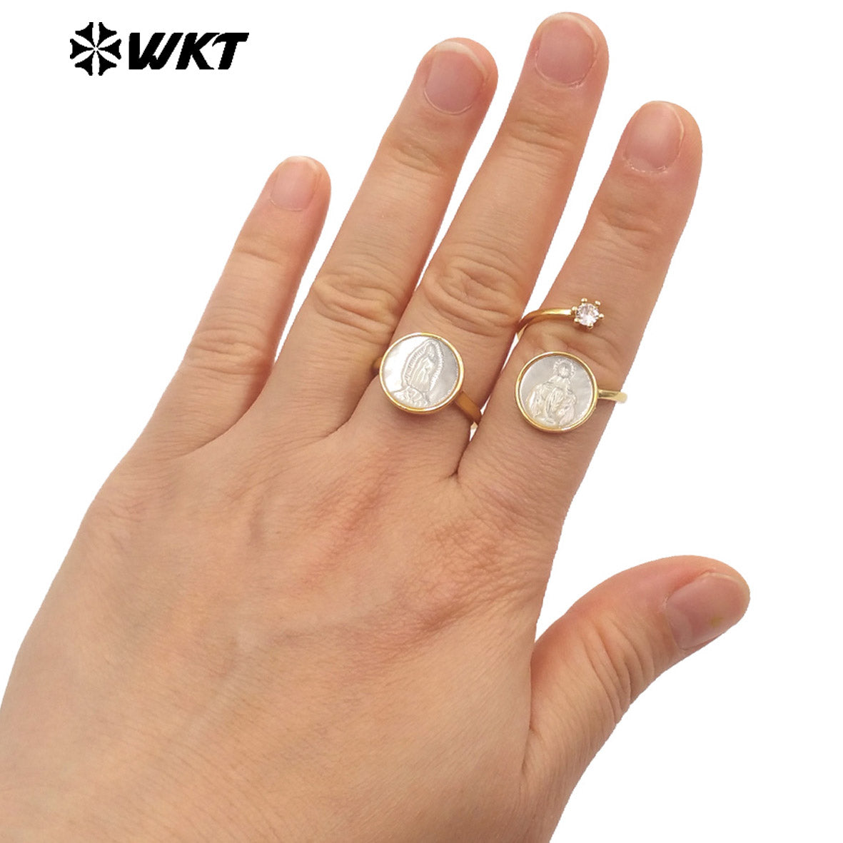 WT-MPR091 WKT New Religious Jewelry Design Elegant White Mop Carved Lady of Grace Saint Ring for Women