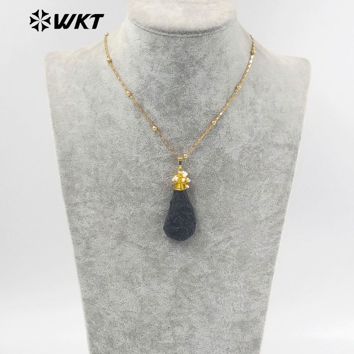 WT-N1426 Black Meteorite Necklace 20inch Long Boho Beads 18k Yellow Gold Beads Necklace Gemstone Casual Long Statement Necklace