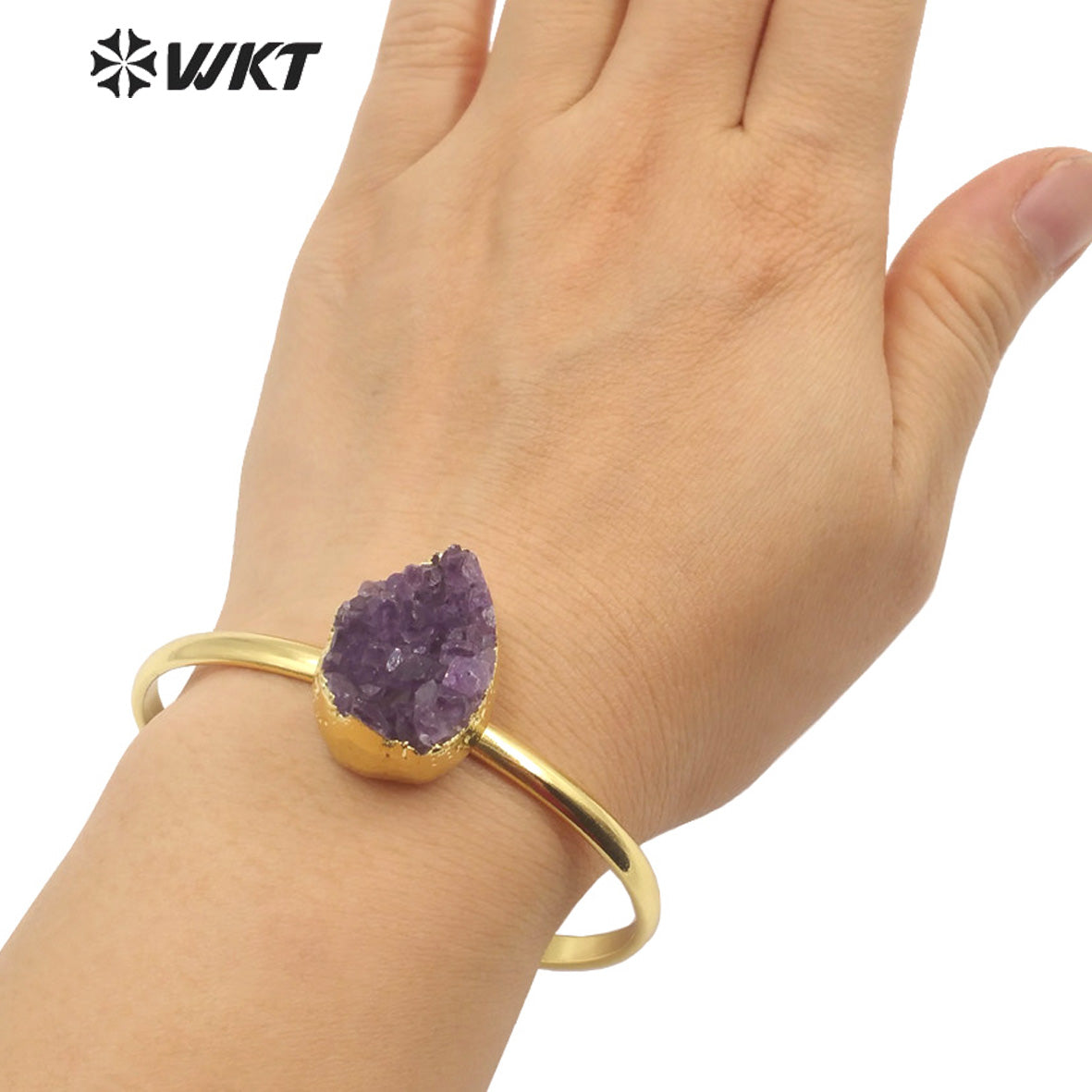 WT-B611 Druzy Amethyst Bangles French Vintage Style Yellow Brass 18k Gold Plated Bangles As Women Gift Natural Crystal Bangles