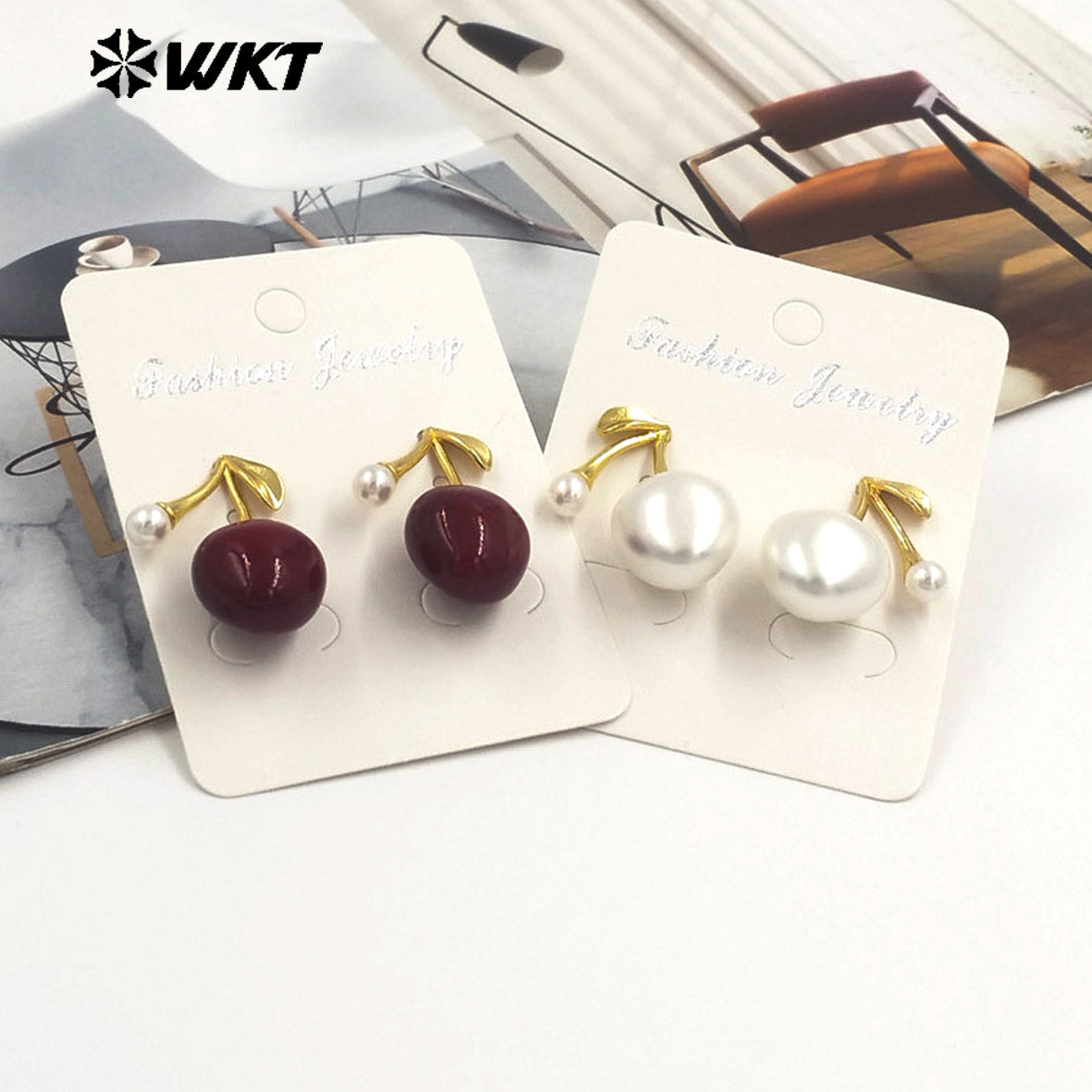 WT-ME122 Exquisite Cherry Design Women Earrings Yellow Brass With Drop Oil Gold Plated Red And White Color Good Quality Jewelry