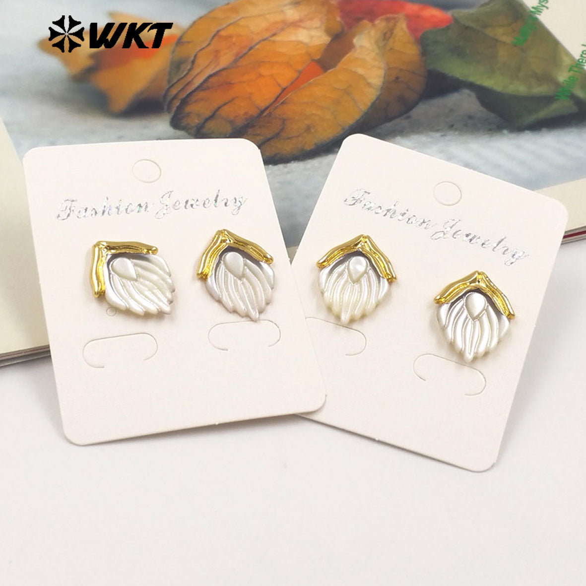 WT-MPE142 Beautiful Exquisite 18K Gold Plated Natural Shell Angel Wings Earrings Stud for Girlfriend As Valentine's Day Gift