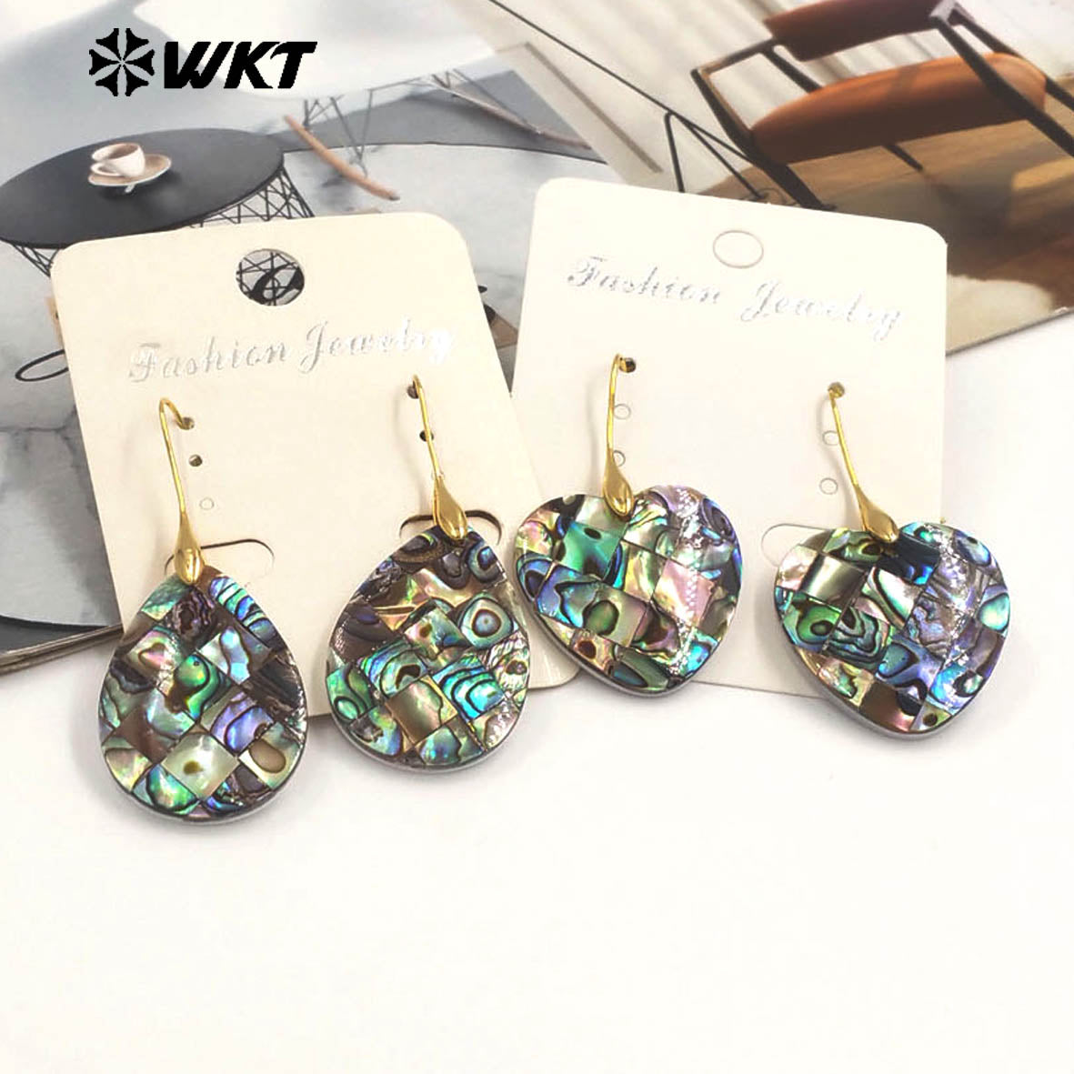 WT-MPE159 Hot Sales Romantic Style Natural Abalone Shell Earrings in Gold Plated Cross Heart Waterdrop Moon Shape Ladies Gift