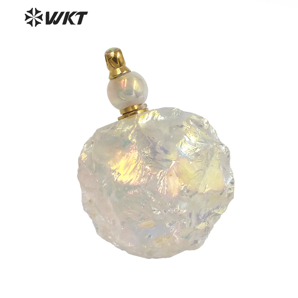 WT-P1632 Amazing Women Natural Raw Crystal by Hammer with Aura Gold Stainless Steel Parts Angel Aura Quartz Perfume Bottle