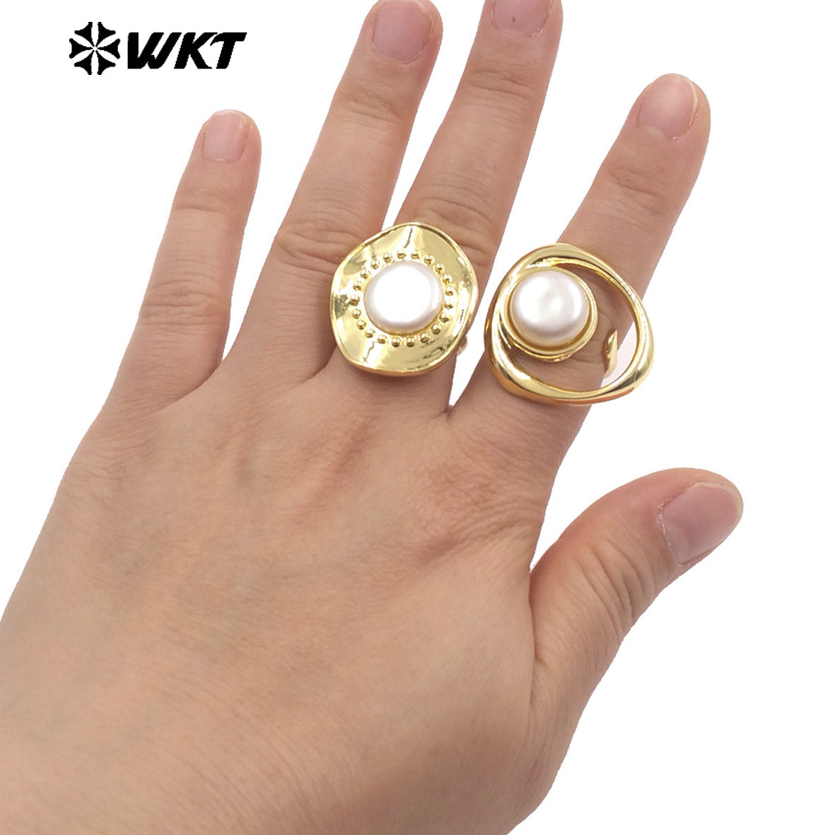 WT-MPR133 Amazing Design 18K Gold Plated Double Layers Ring With Freshwater Pearl Women Elegant Gorgeous Jewelry Adjustable Size