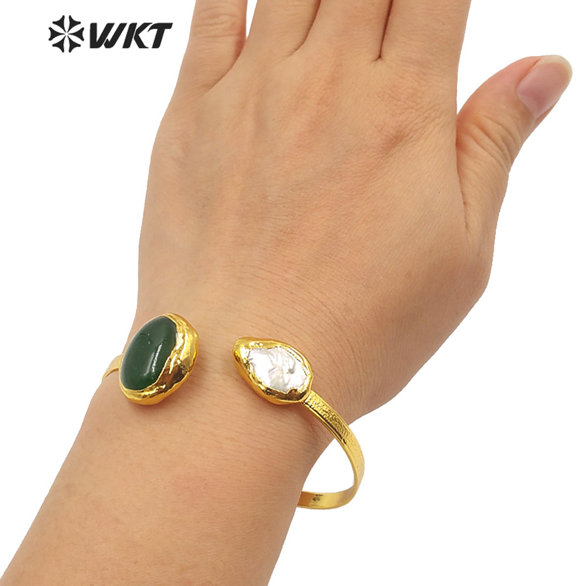 WT-B622 WKT NEW DESIGN Fashion 18k Real Gold Plated Double Stone Bangle Real Pearl Cuff Bangle for Wedding Daily Match Jewelry