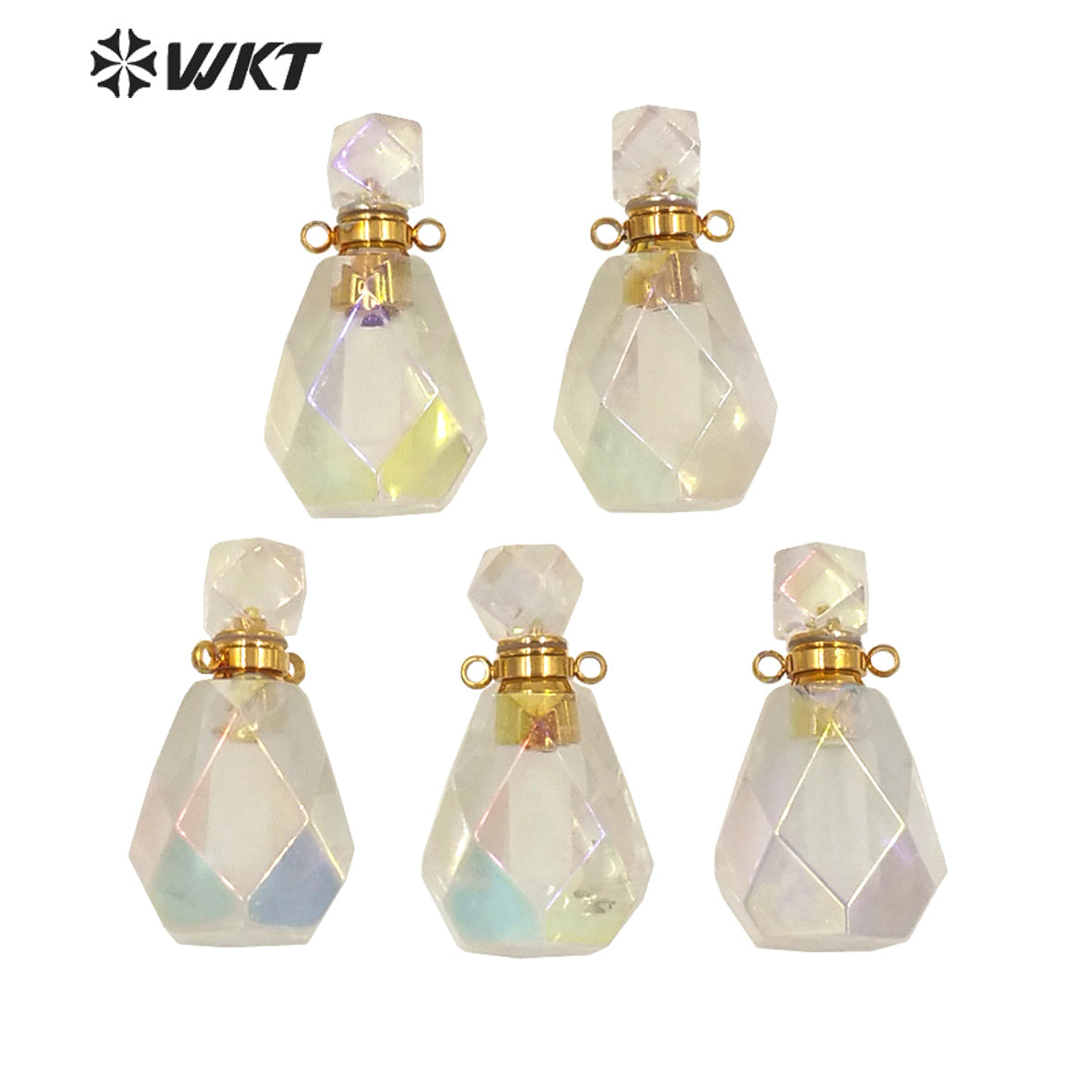 WT-P1593 WKT Exclusive New Amazing Gold Aura Crystal Quartz Faceted Perfume Oil Pendant Hotsale Women Angel Color Bottle Pendant