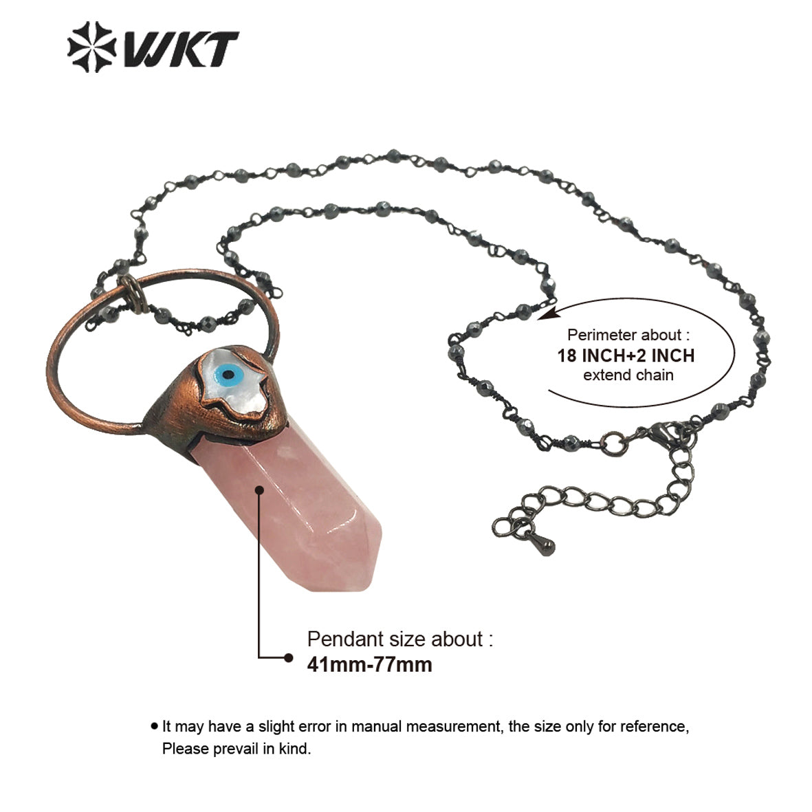 WT-N1391 Vintage Bohemian Hexagon Rose Quartz Stone Necklace Antique Copper Hematite Beads Chain Pendant Necklace