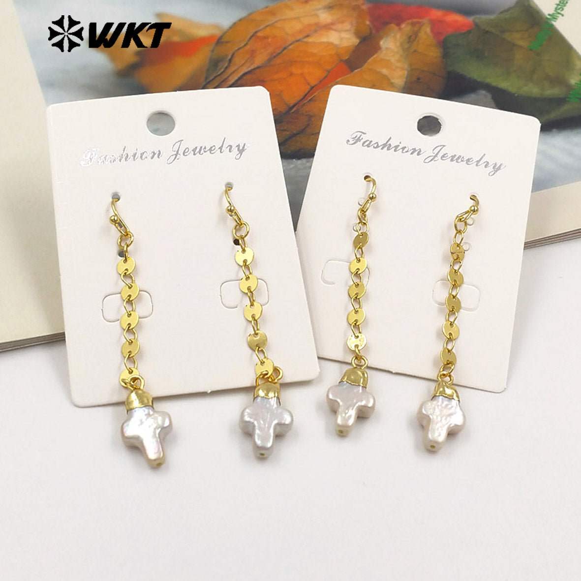 WT-MPE144 Small Religious 18K Gold Plated Natural Pearl Long Chain Cross Shaped Earrings Women's Delicate Jewelry Accessories