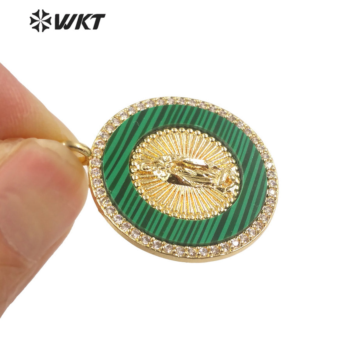 WT-MP272 Newest Vintage Style Ball Shaped Natural Malachite Stone &Cubic Zircon Madonna Design Pendant