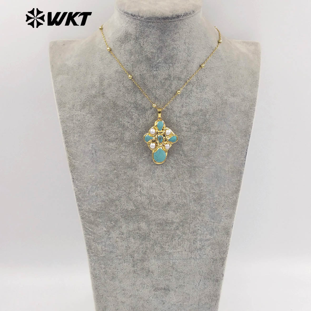 WT-JN297 Brand New Product Elegant 18K Gold Plated Pearl Turquoise Cross Unisex Pendant Necklace Fashion Jewelry Accessories