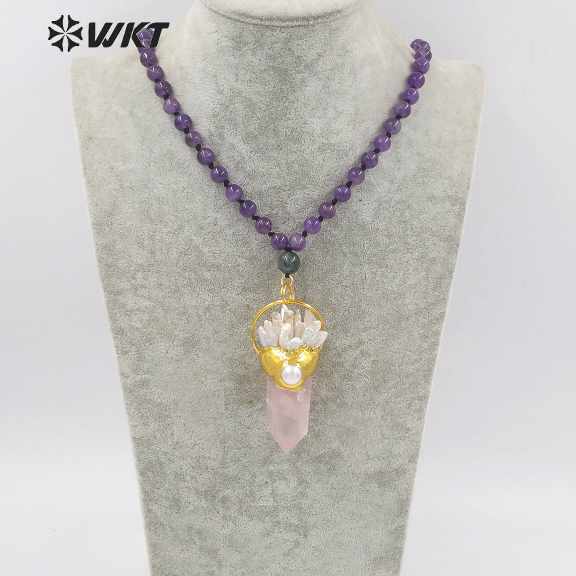 WT-N1243 Exclusive Design 8mm Round Amethyst Stone Necklace Women Winter Hot Pink Quartz Stone Big Chunky Pendant Necklace