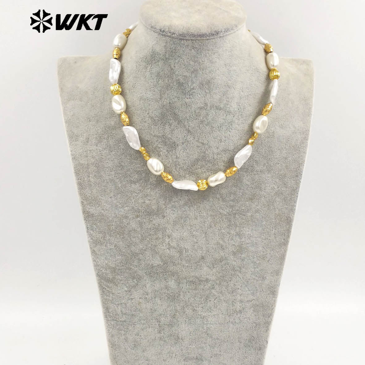 WT-JN293 Wholesale Hot Sale 16 Inch Flat and Round Artificial Pearl Gold and Silver Necklace Temperament Jewelry for Party Dress
