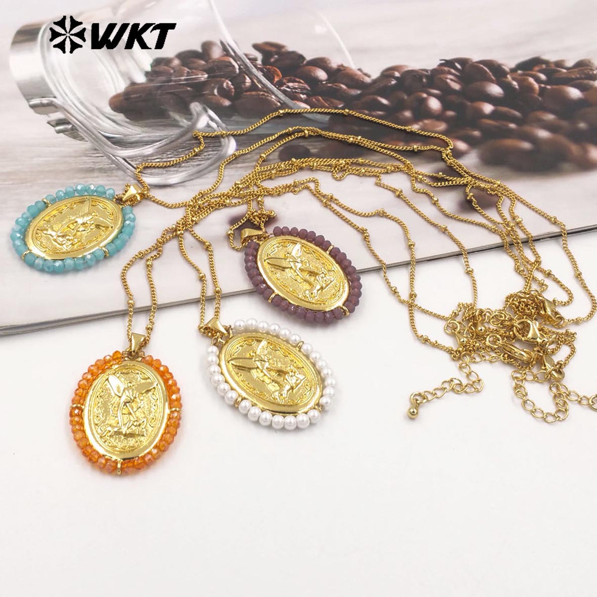 WT-MN990 Fashion Women 18K Real Gold Plated Oval Shape Crystal Wire Wrapped Guardian Angel Necklace for Christian