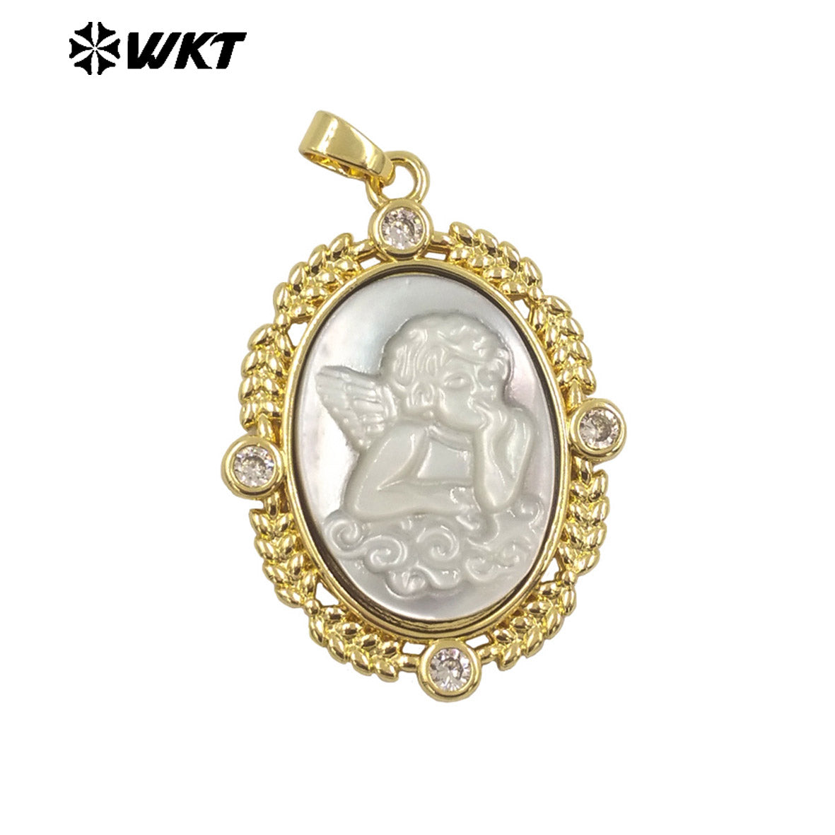 WT-JP371 Wholesale Fashion Gold Plated Oval Shape 18K Real Gold Plated Handmade Carved Mother of Pearl Shell Angel Pendants