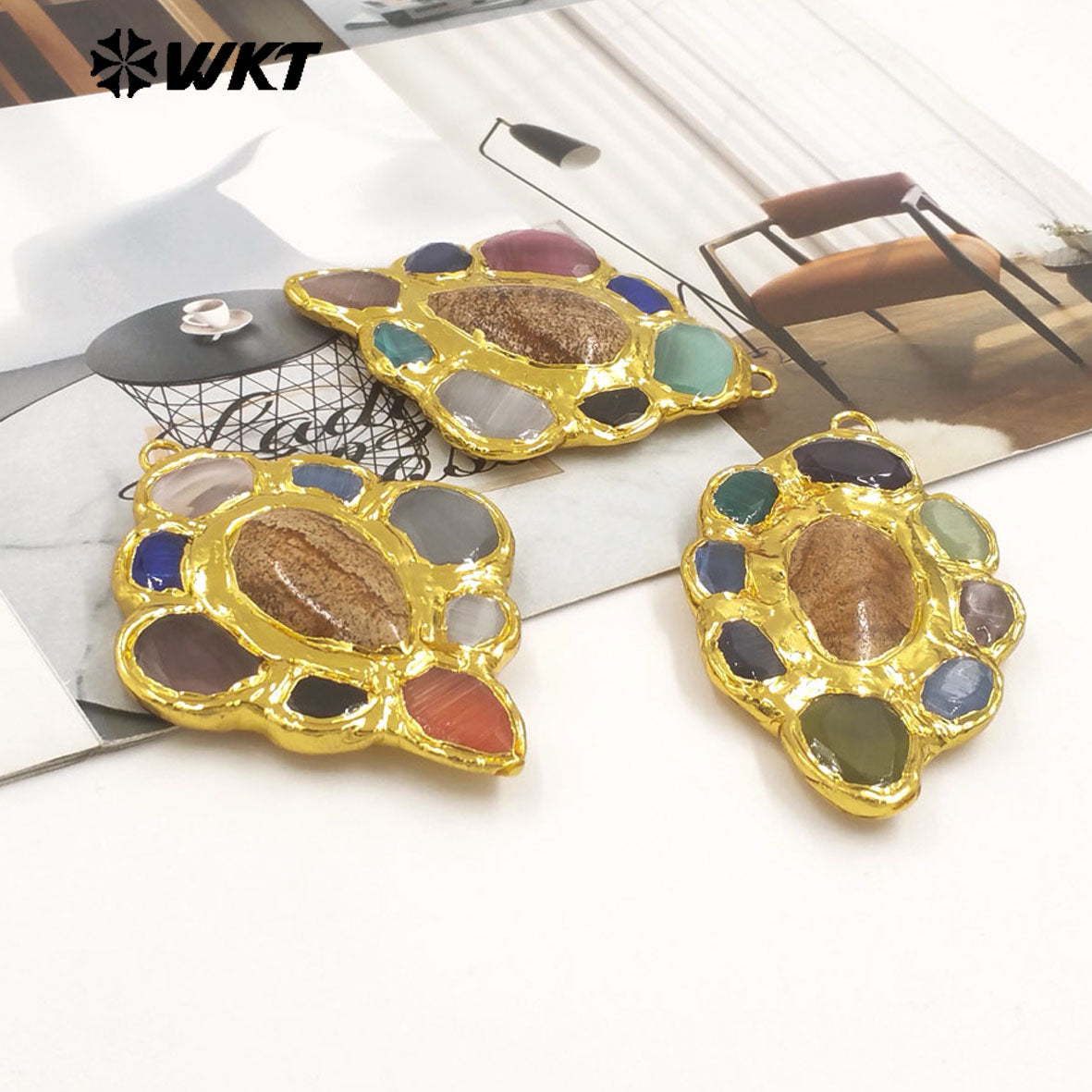 WT-P2008 Amazing Back Full Gold Plated With Multi Colors Natural Gemstones Big Pendant For Fantastic Necklace Jewelry DIY