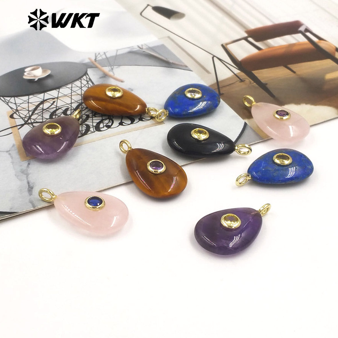WT-P2022 Simple Design Waterdrop Shape Smooth Natural Gemstones Set In Zircon Small Pendant For Women Earrings DIY Accessory