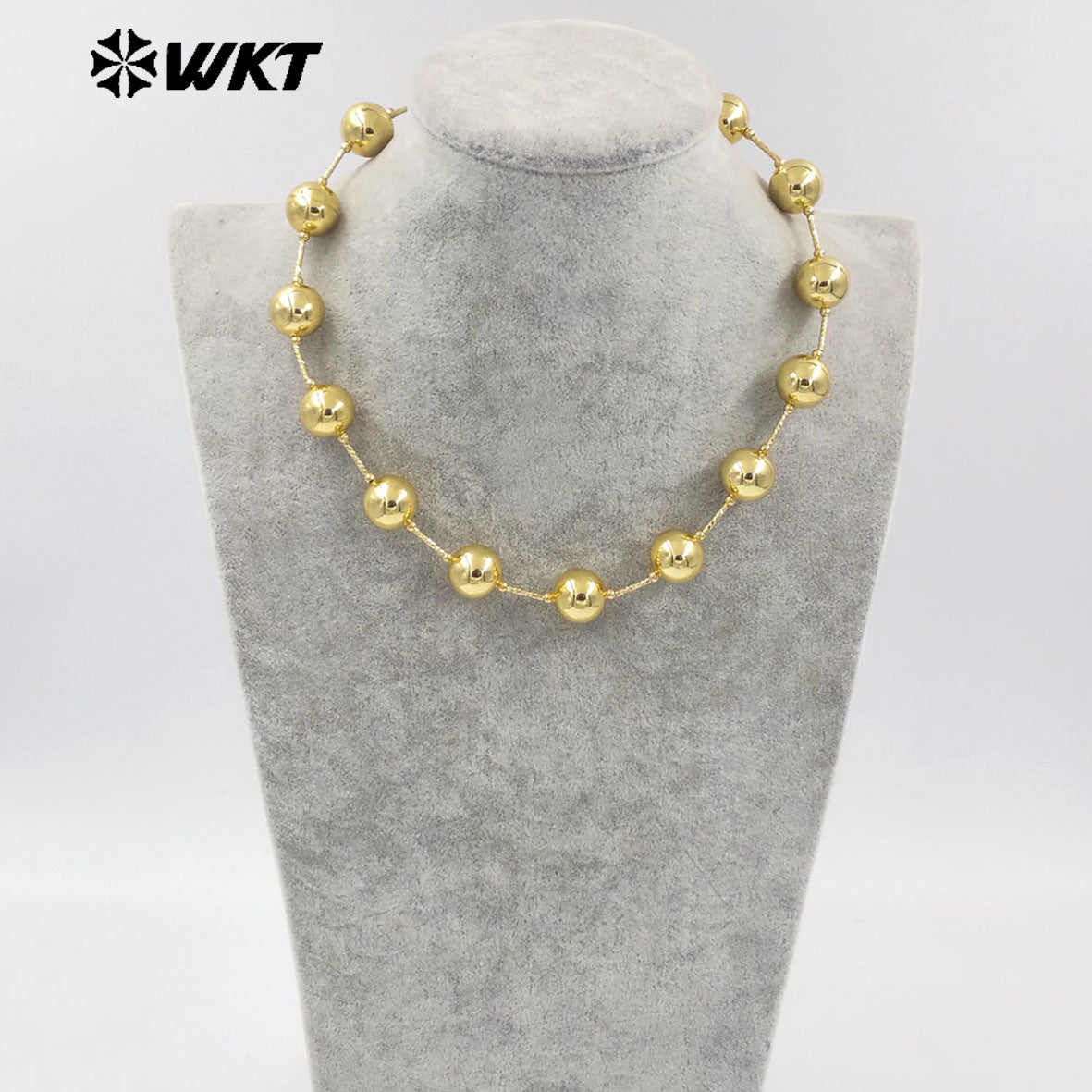 WT-JFN08 New Punk Style Women Hand Strand Big Brass Beads 18K Gold Plated With Pipe Connector Metal Necklace