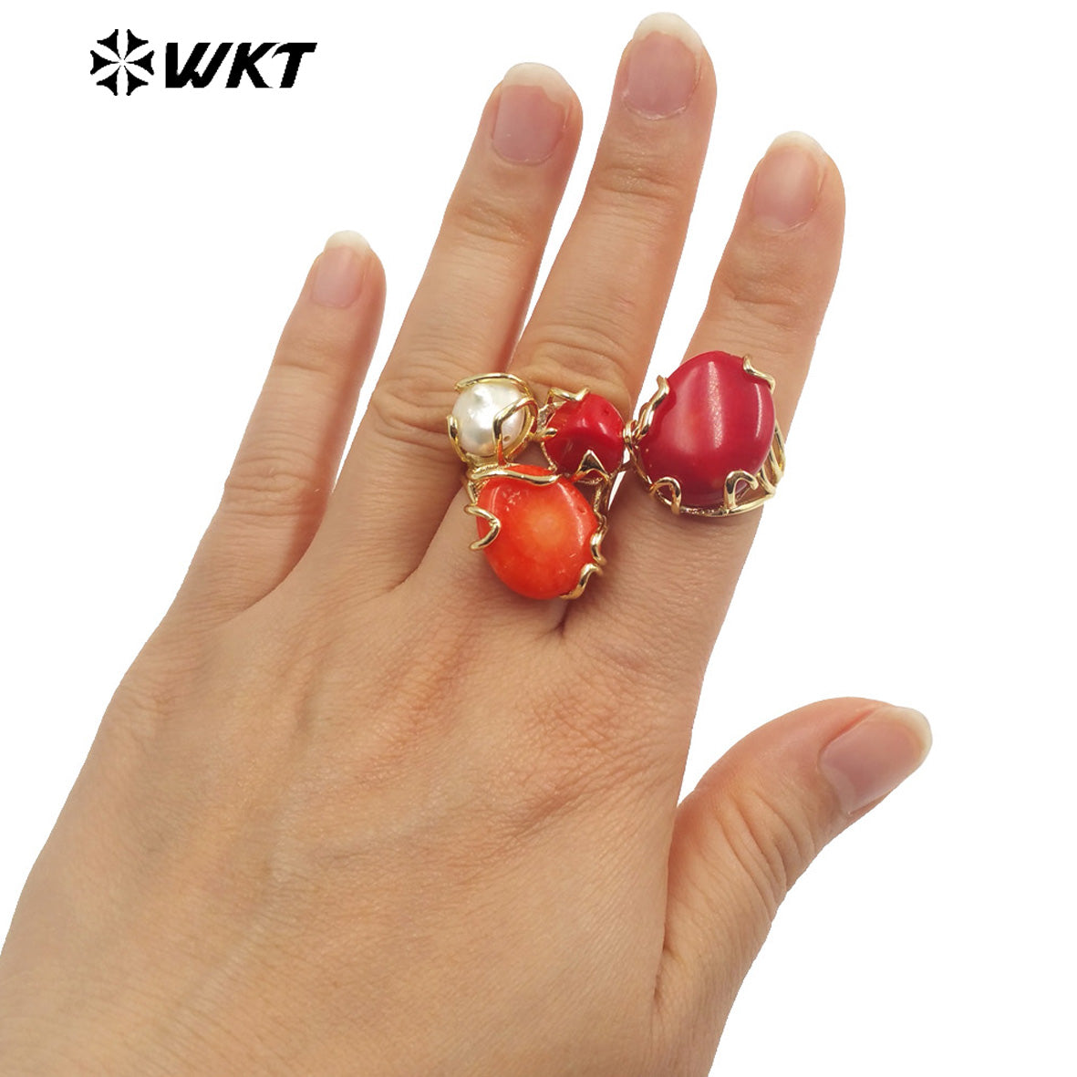 WT-MPR055 WKT Newest 18k Real Gold Plated Triple Stone Ring Lovely Women Natural Coral and Pearl Boho Ring for Gift