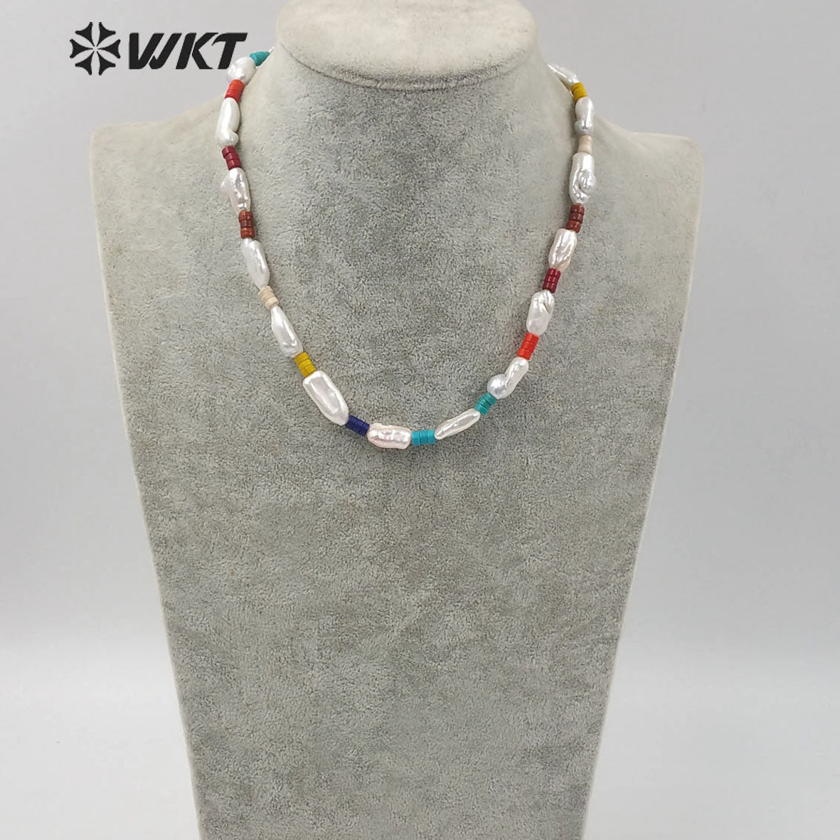 WT-JN113 Exclusive Design Baroque Pearl and Turquoise Beads Necklace 16" Baroque Pearl Beads Necklace Turquoise Beads Necklace