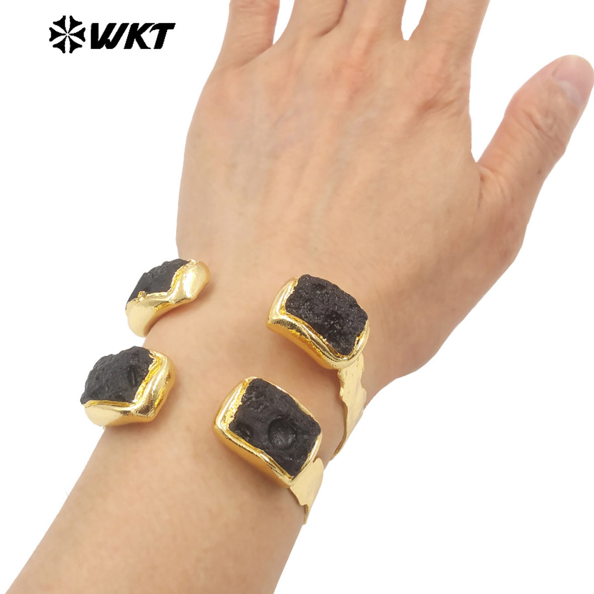 WT-B664 Wholesale Fashion Double Black Stone Adjustable Natural Meteorite 18K Real Gold Plated Jewelry Energy Bangle