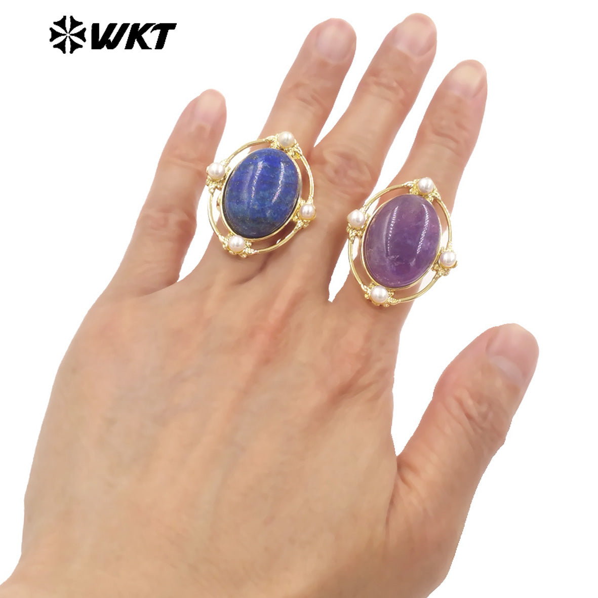 WT-R541 Wholesale Fashion Gold Plated Retro Natural Gemstone Lapis Amethyst Oval Stone With Pearl Beads Adjustable Women Ring