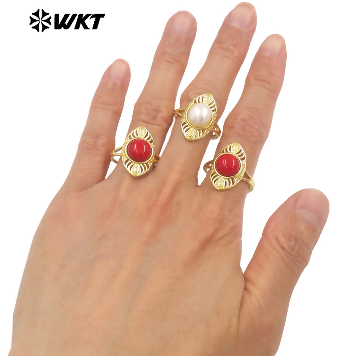 WT-MPR107 New Wholesale Women Gold Plated Adjustable Size Natural Pearl and Red Coral Ring Party Jewelry