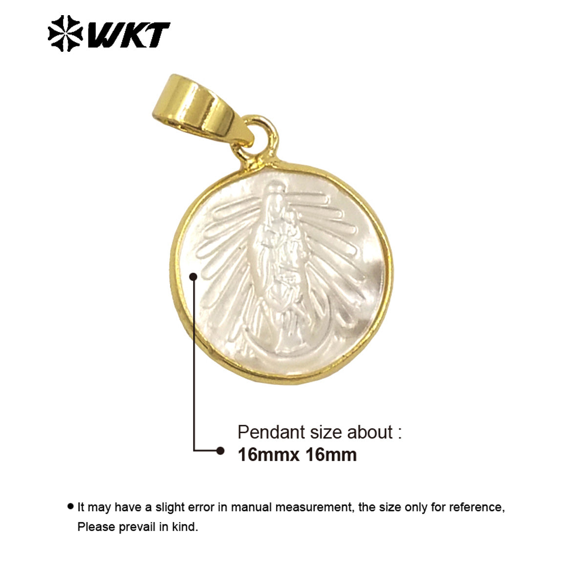 WT-JP373 Wholesale Fashion 16mm Gold Bezel Around Mother of Pearl Shell Carved Religious Jewelry Pendant for Gift