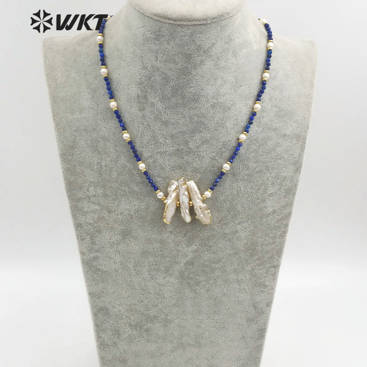 WT-JN104 Newest Natural Pearl Necklace 3mm Lapis Beads 4mm Pearl Beads Themed Pendant in Randomly Shape Fashion Charm Necklace