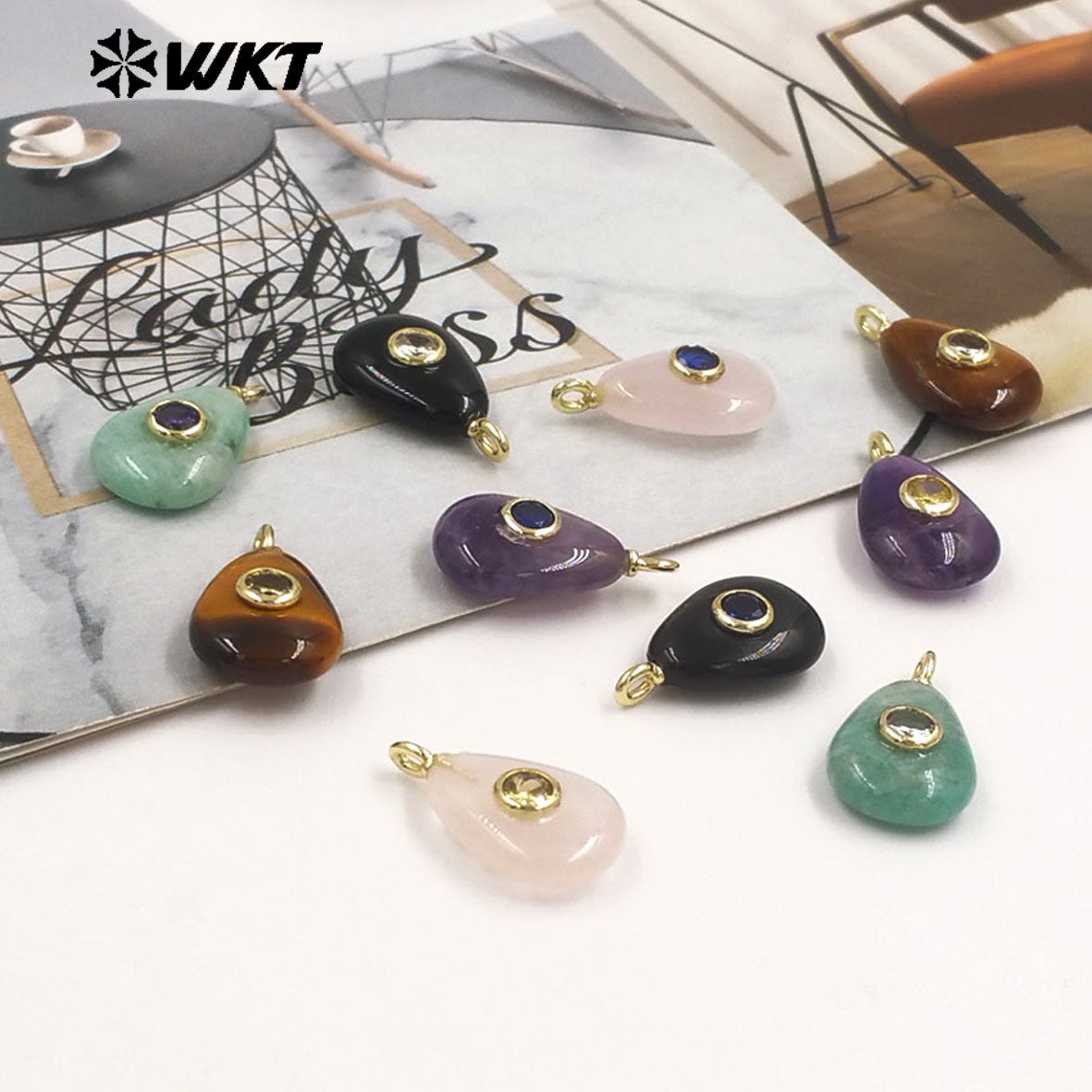 WT-P2026 Good Quality Set In Zircon Waterdrop Shape Multi Colors Natural Gemstones Amethyst Smooth Pendant For Romantic Gift DIY