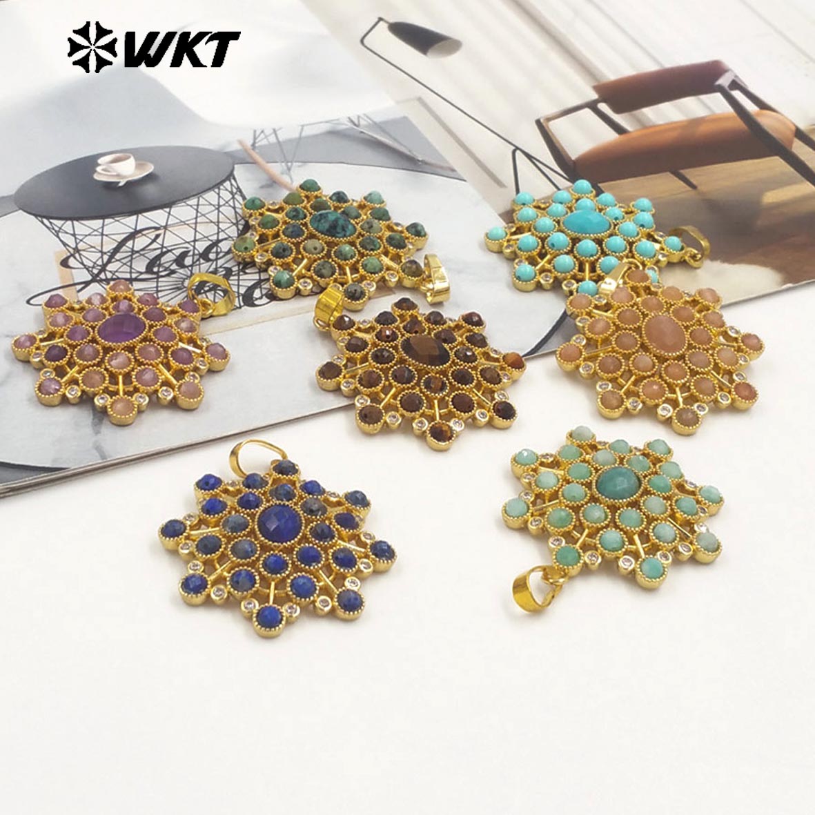 WT-P1977 WKT New Hand Make Multi Stone Setting Women Energy Amethyst Gemstone Flower Shape Jewelry Pendants